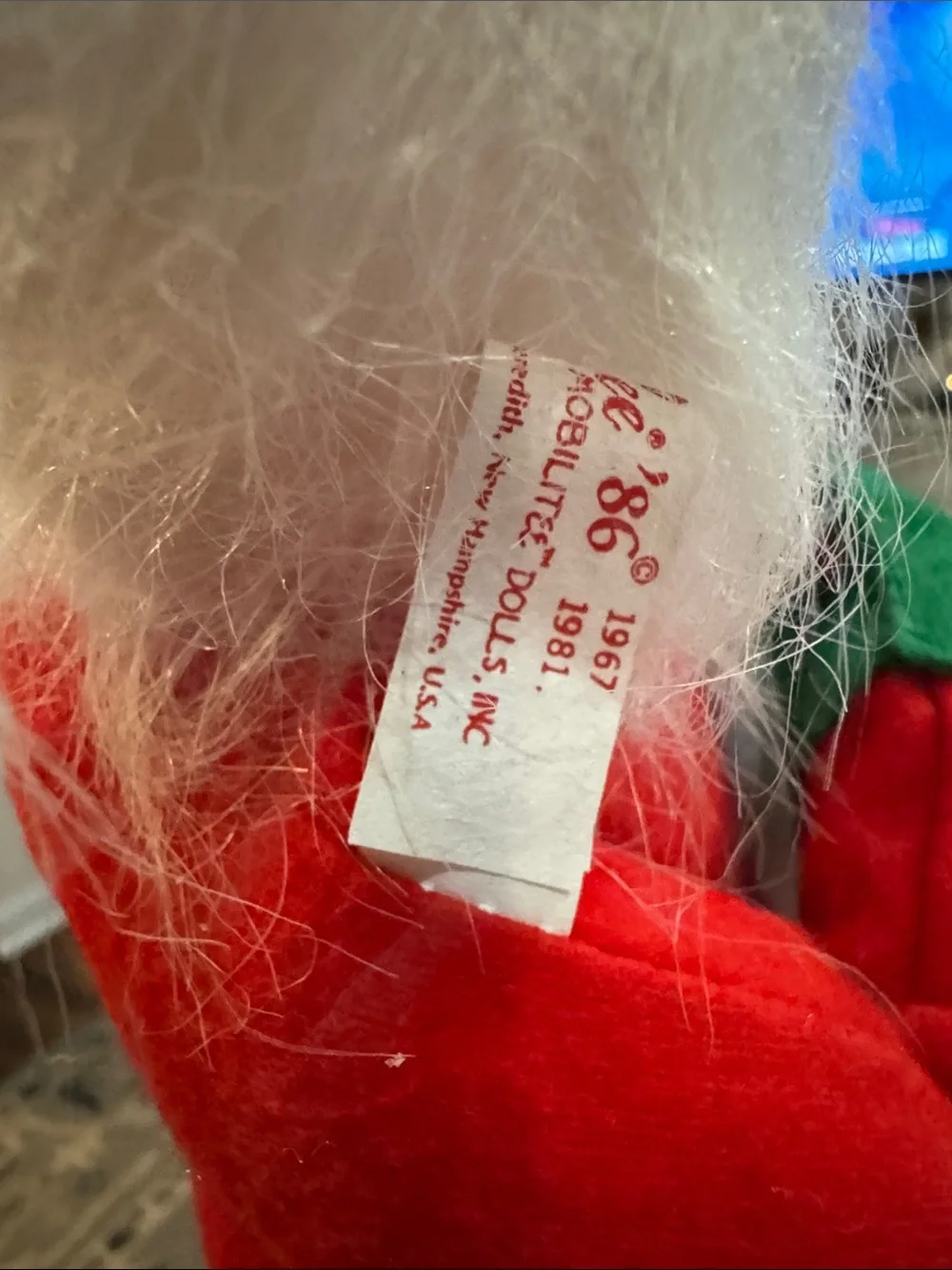 Annalee Red Santa Doll with Blue-Striped Apron and Green Toy Train